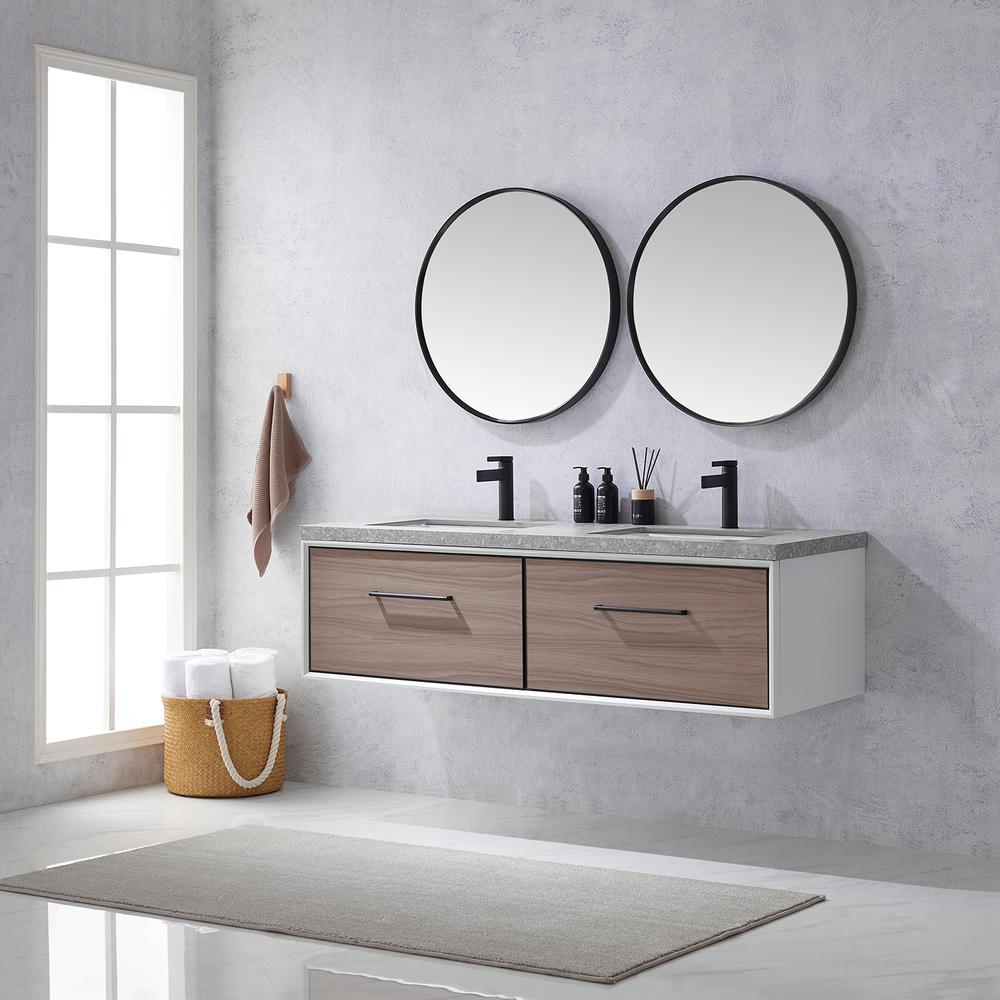 Double Sink Bath Vanity in Light Walnut with Grey Sintered Stone Top and Mirror. Picture 5