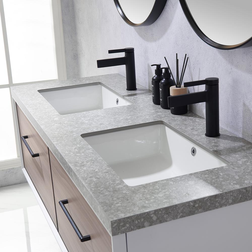 Double Sink Bath Vanity in Light Walnut with Grey Sintered Stone Top and Mirror. Picture 8