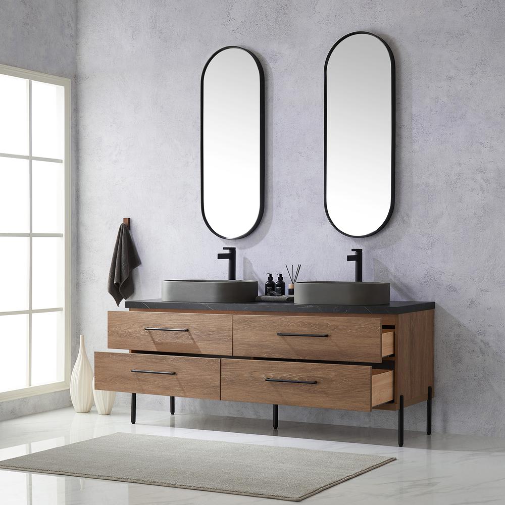 Double Sink Bath Vanity with Sintered Stone Top with Concrete Sink and Mirror. Picture 6