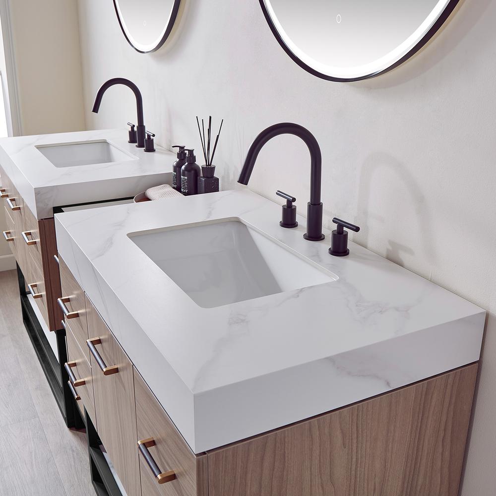 Double Sink Bath Vanity with White Sintered Stone Top and Mirror. Picture 8