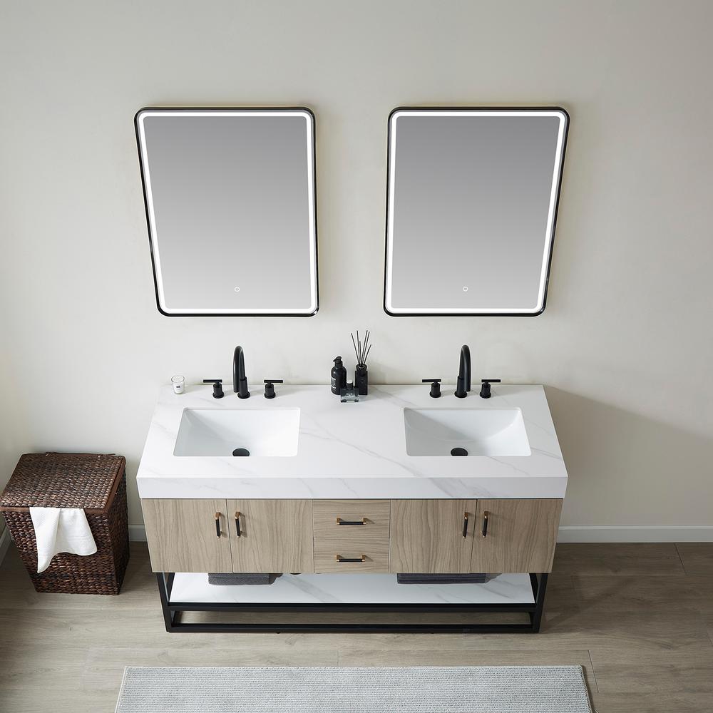 Double Sink Bath Vanity with White Sintered Stone Top and Mirror. Picture 6