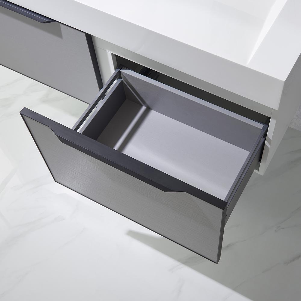 Single Sink Bath Vanity in Grey One-Piece Composite Stone Sink Top and Mirror. Picture 10
