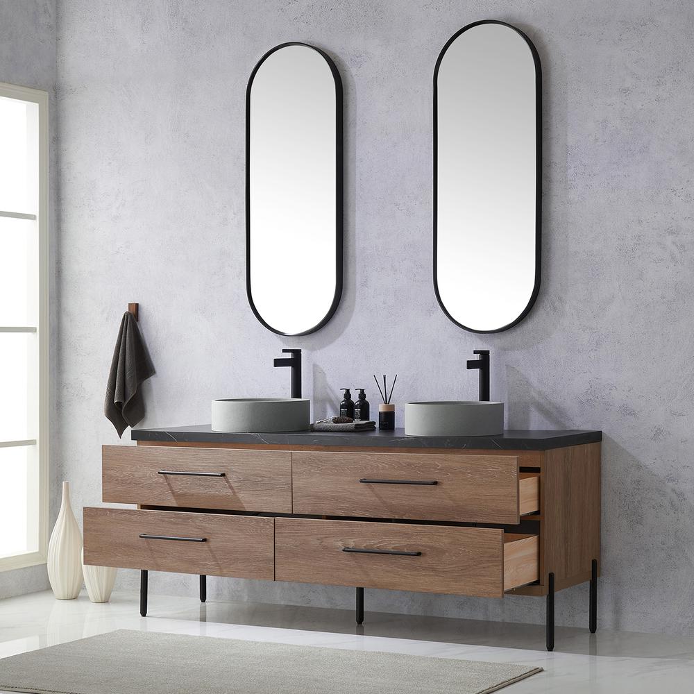 Double Sink Bath Vanity with Sintered Stone Top with Concrete Sink and Mirror. Picture 7