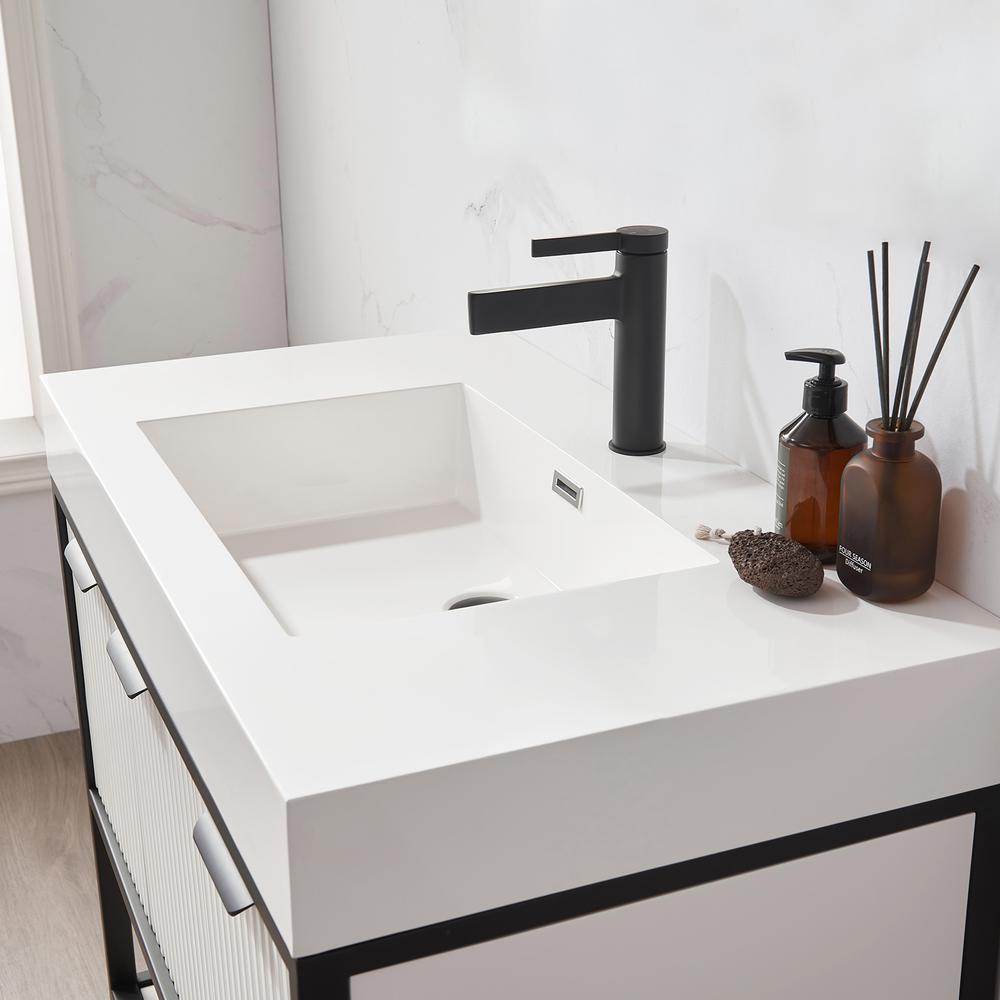 Single Sink Bath Vanity in White with One-Piece Composite Stone Sink Top. Picture 8
