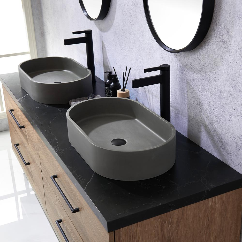 Double Sink Bath Vanity with Sintered Stone Top with Concrete Sink and Mirror. Picture 7