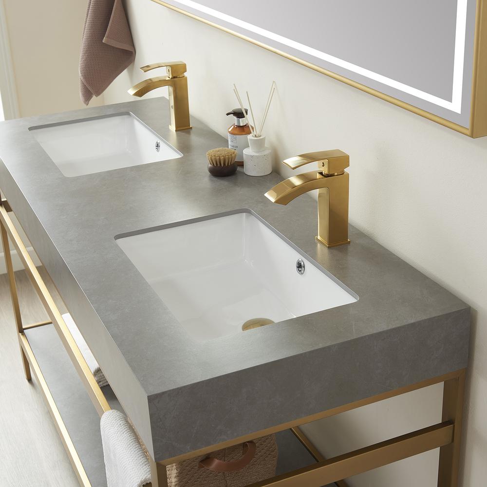 Double Sink Bath Vanity Metal Support with Grey Sintered Stone Top and Mirror. Picture 6