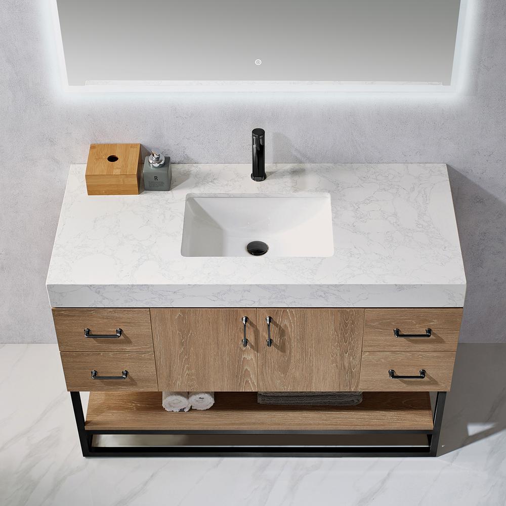 48B" Single Vanity with White Grain Stone Countertop With Mirror. Picture 3