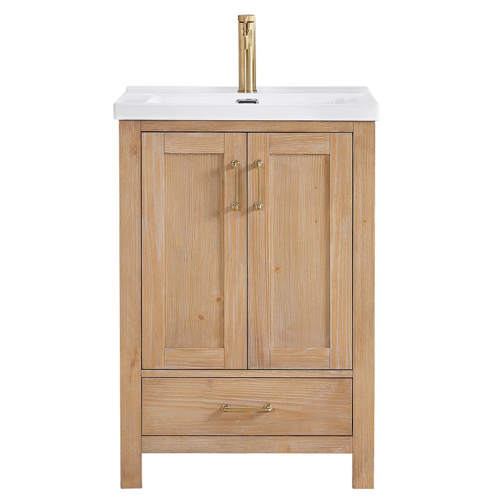 Single Sink Bath Vanity in Fir Wood Brown with Drop-In White Ceramic Basin. Picture 1