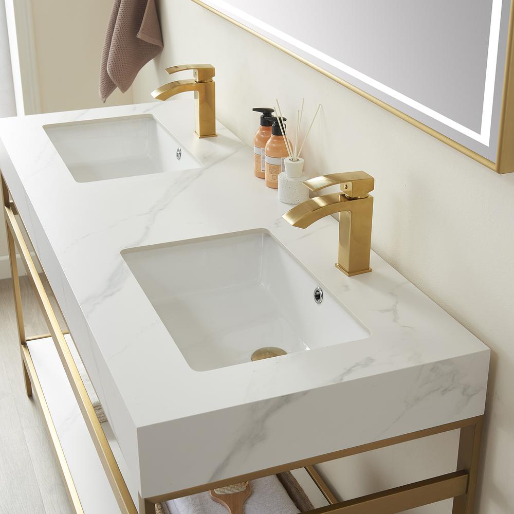 Double Sink Bath Vanity Metal Support with White Sintered Stone Top and Mirror. Picture 6