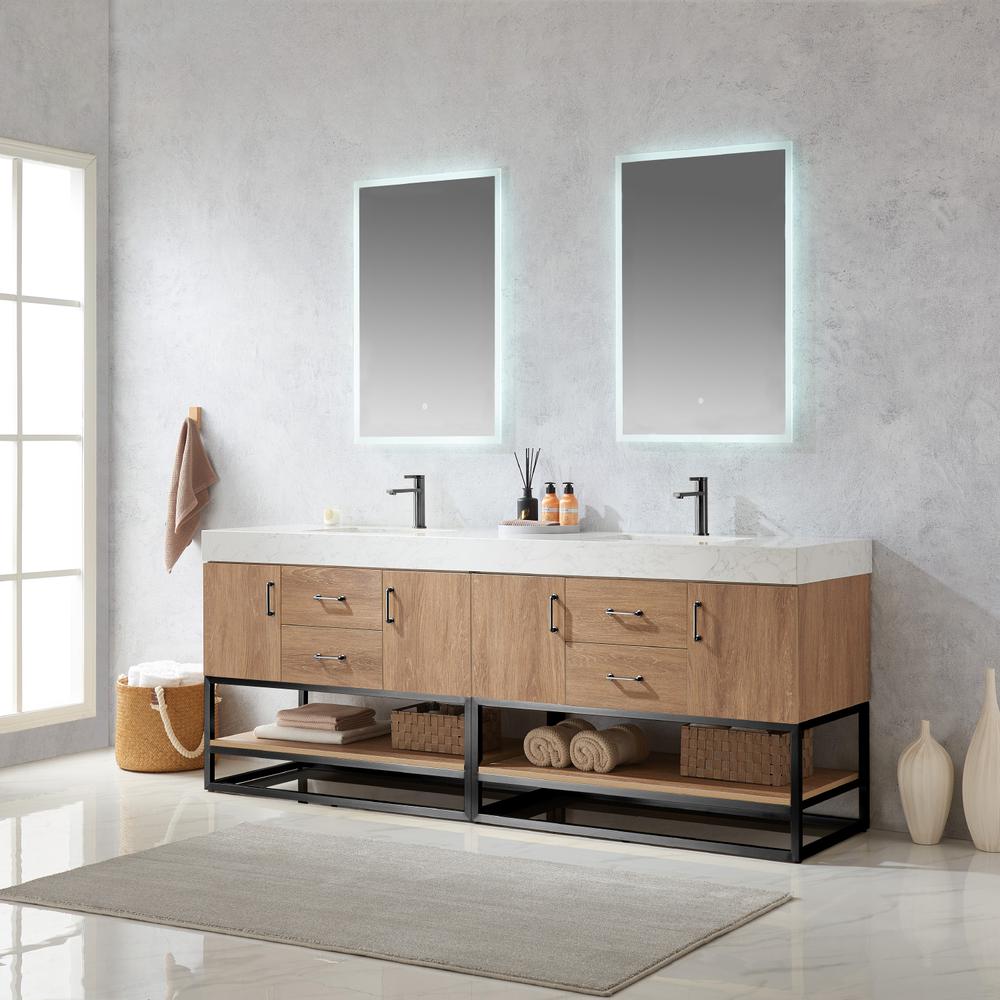 84B" Double Sink Bath Vanity with White Grain Stone Countertop and Mirror. Picture 4