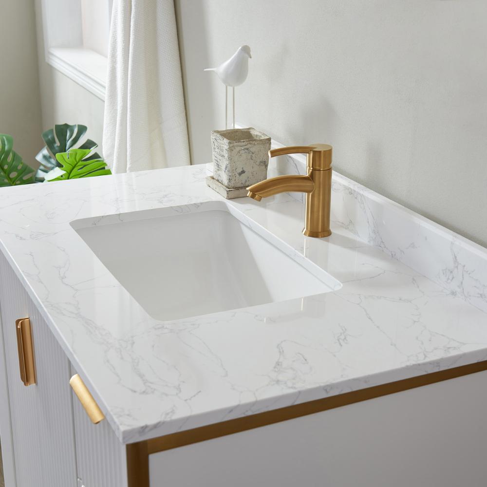 Vanity in White with White Composite Grain Stone Countertop Without Mirror. Picture 5