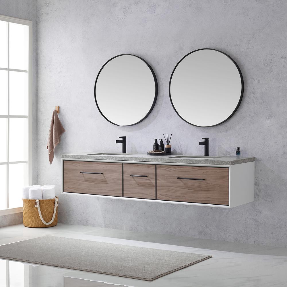 Double Sink Bath Vanity in Light Walnut with Grey Sintered Stone Top and Mirror. Picture 5