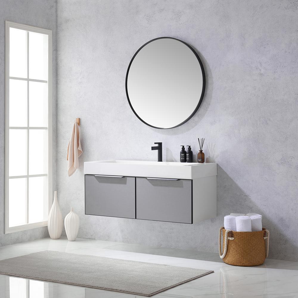 Single Sink Bath Vanity in Grey One-Piece Composite Stone Sink Top and Mirror. Picture 5