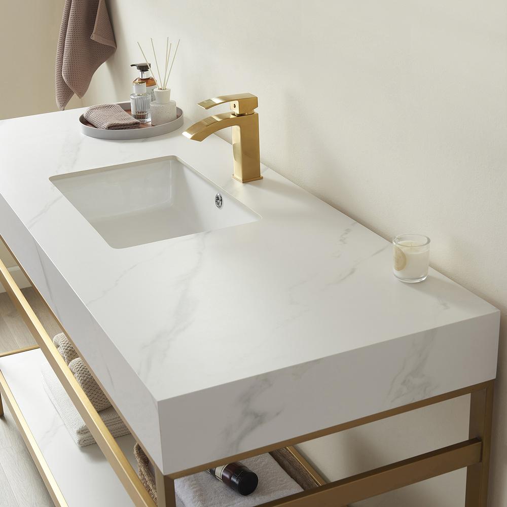 Single Sink Bath Vanity Metal Support with White Sintered Stone Top. Picture 3