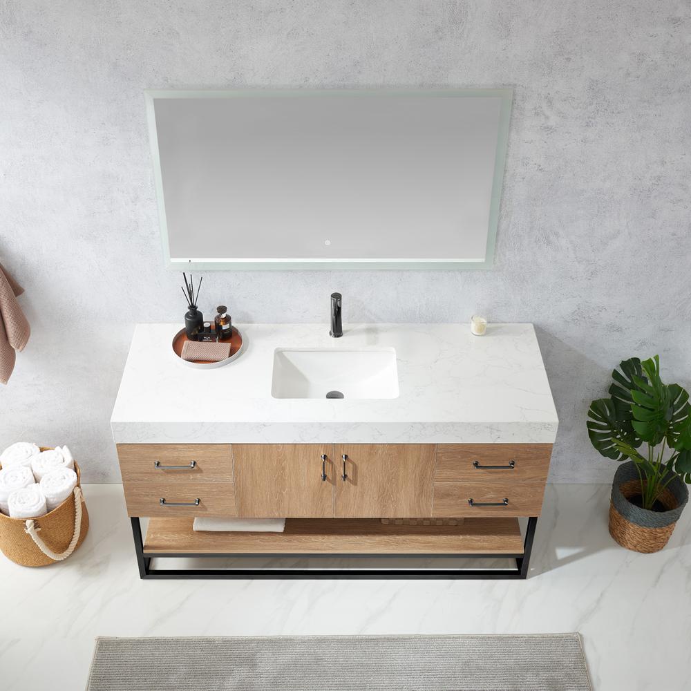 60BS" Single Sink Bath Vanity with White Grain Stone Countertop and Mirror. Picture 6