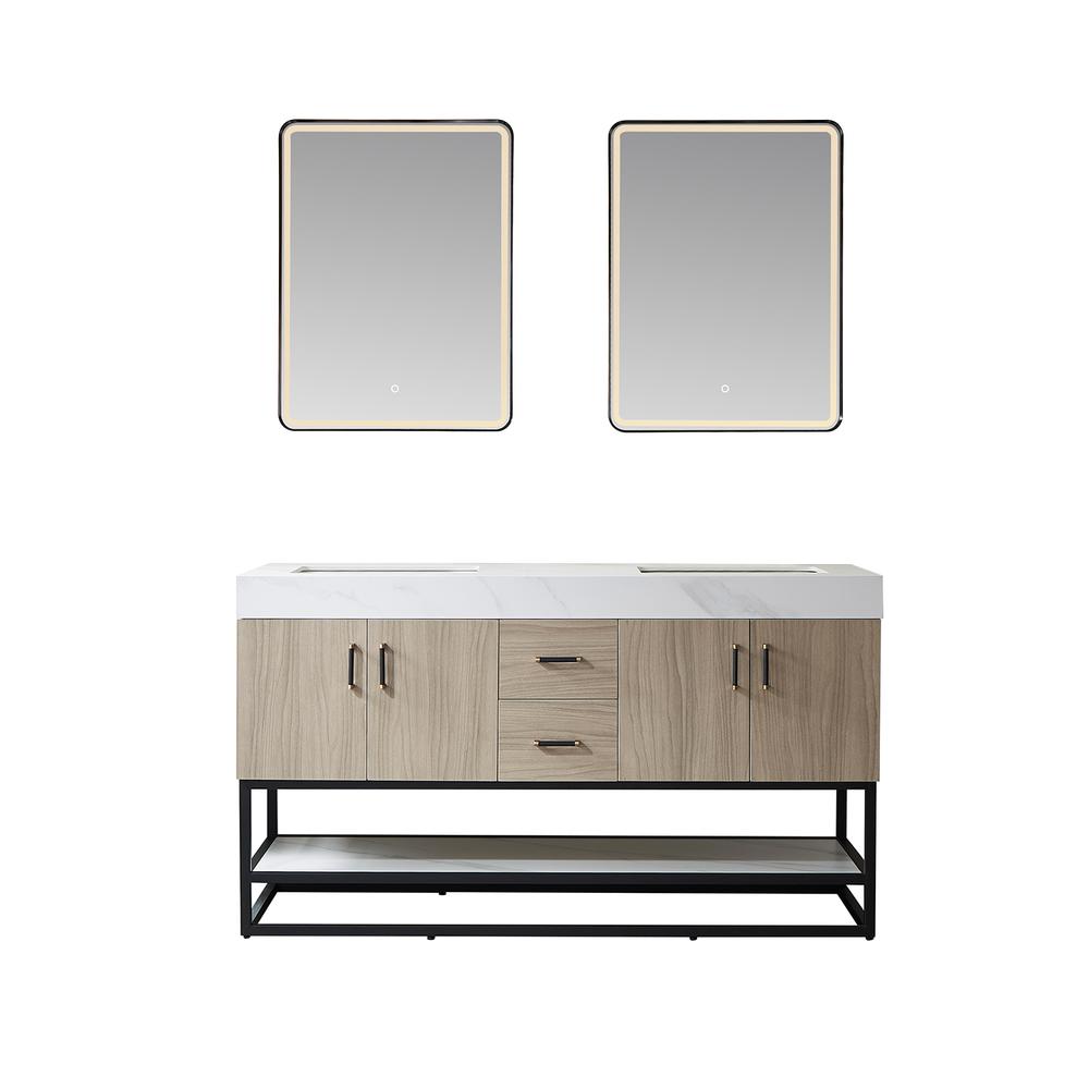 Double Sink Bath Vanity with White Sintered Stone Top and Mirror. Picture 2