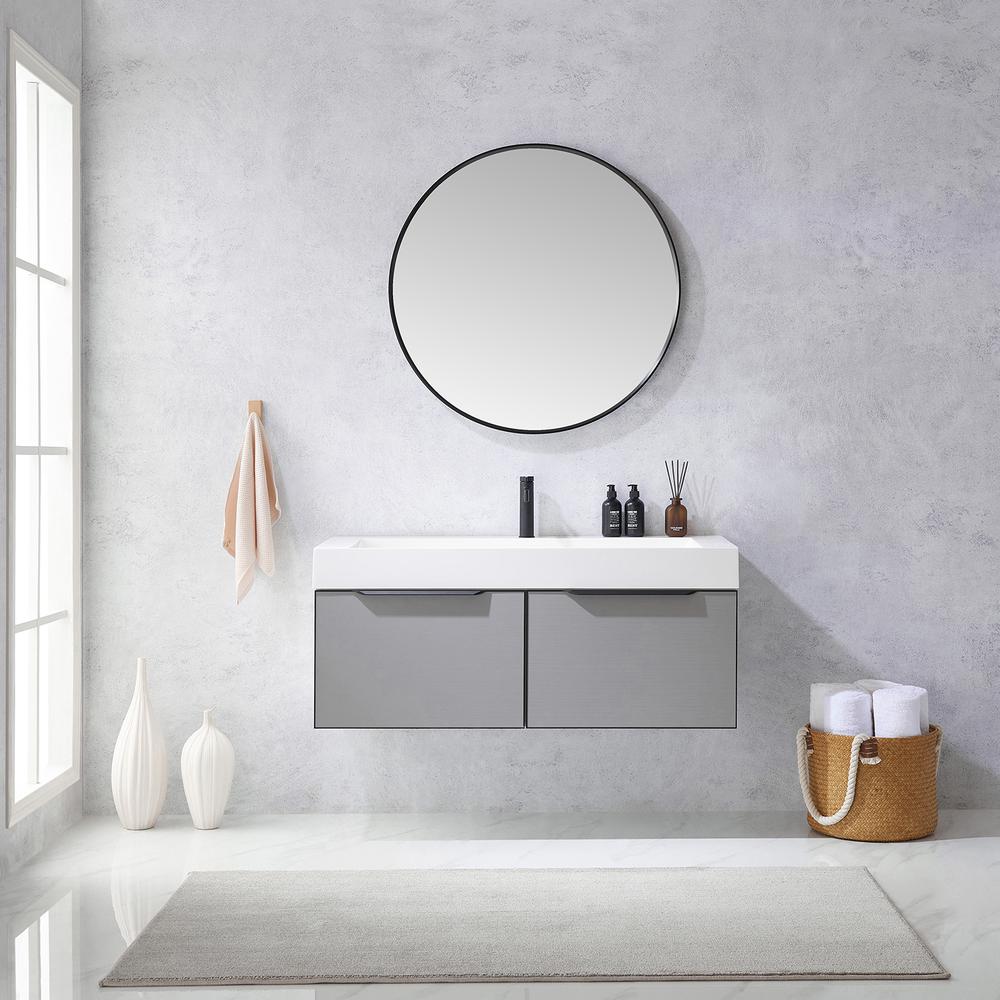 Single Sink Bath Vanity in Grey One-Piece Composite Stone Sink Top and Mirror. Picture 4