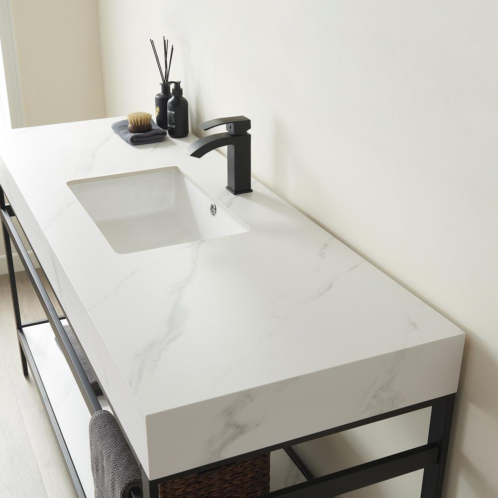 Single Sink Bath Vanity Metal Support with White Sintered Stone Top. Picture 6