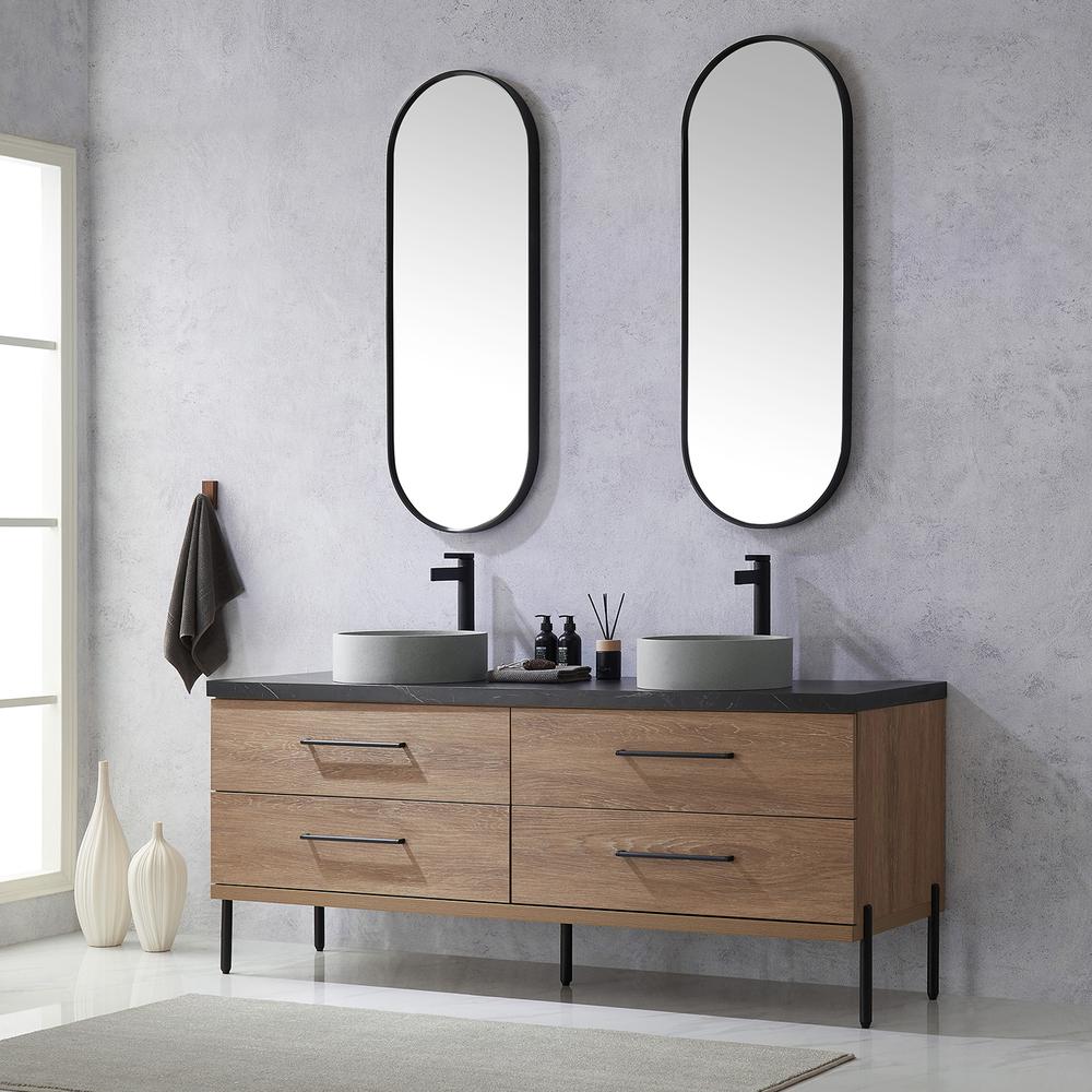 Double Sink Bath Vanity with Sintered Stone Top with Concrete Sink and Mirror. Picture 6