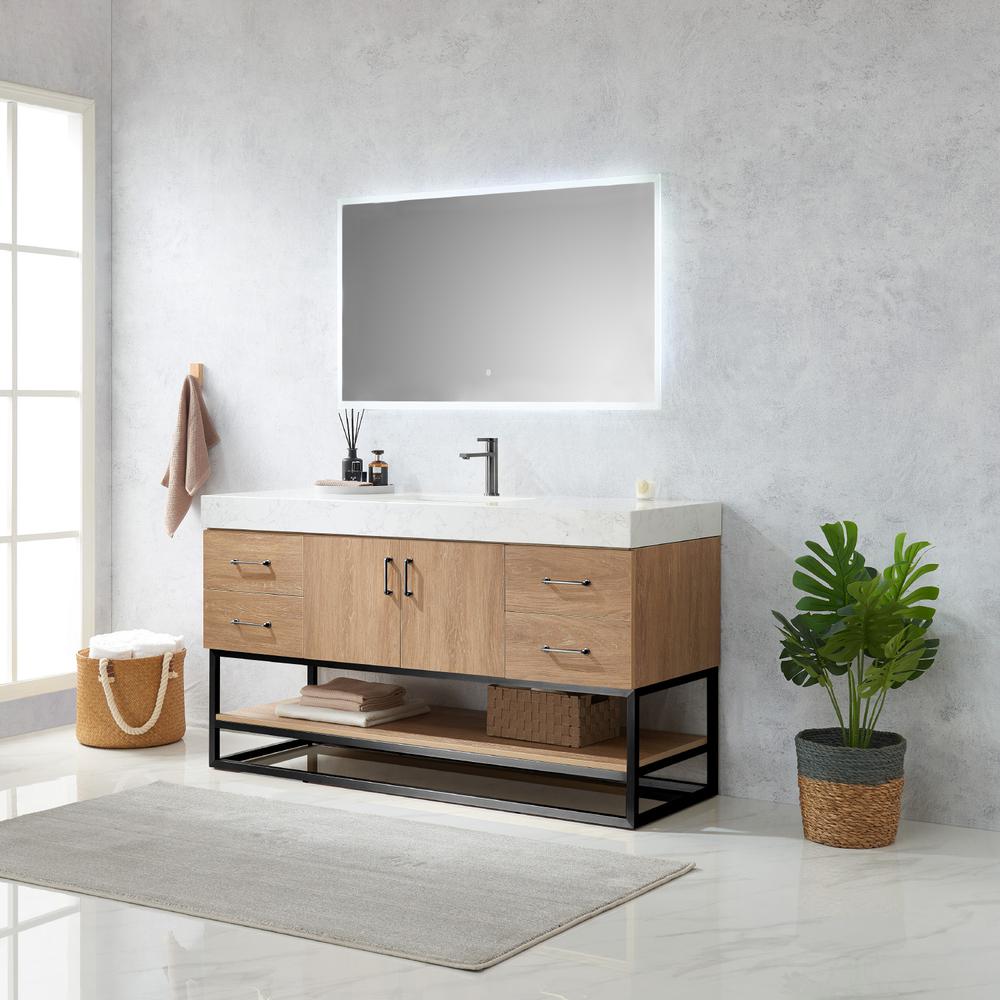 60BS" Single Sink Bath Vanity with White Grain Stone Countertop and Mirror. Picture 4