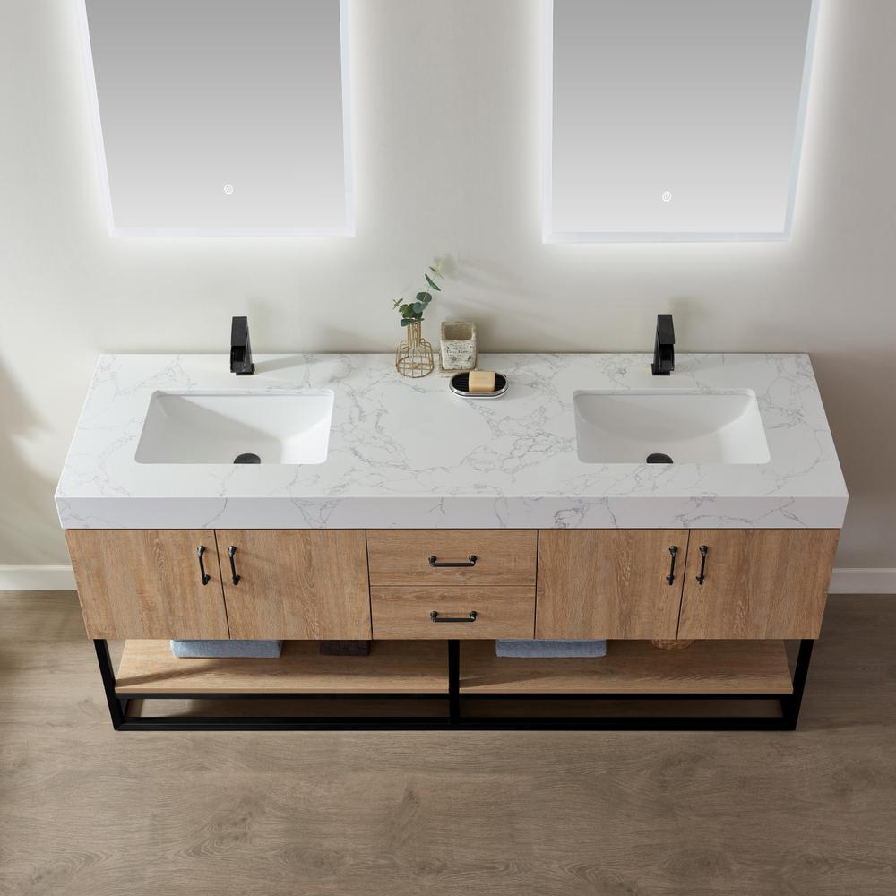 72B" Double Vanity with White Grain Stone Countertop With Mirror. Picture 8