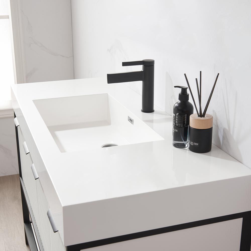 Single Sink Bath Vanity in White with One-Piece Composite Stone Sink Top. Picture 8