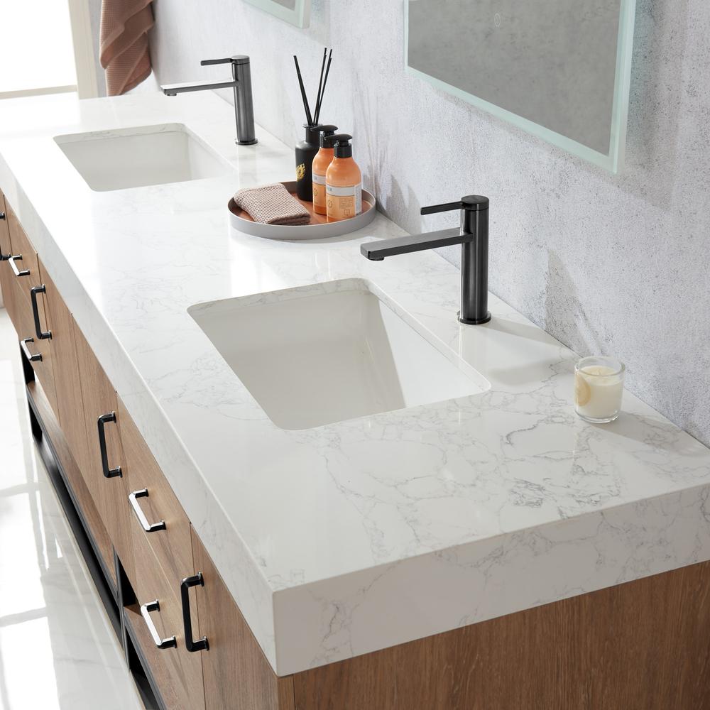 84B" Double Sink Bath Vanity with White Grain Stone Countertop and Mirror. Picture 7