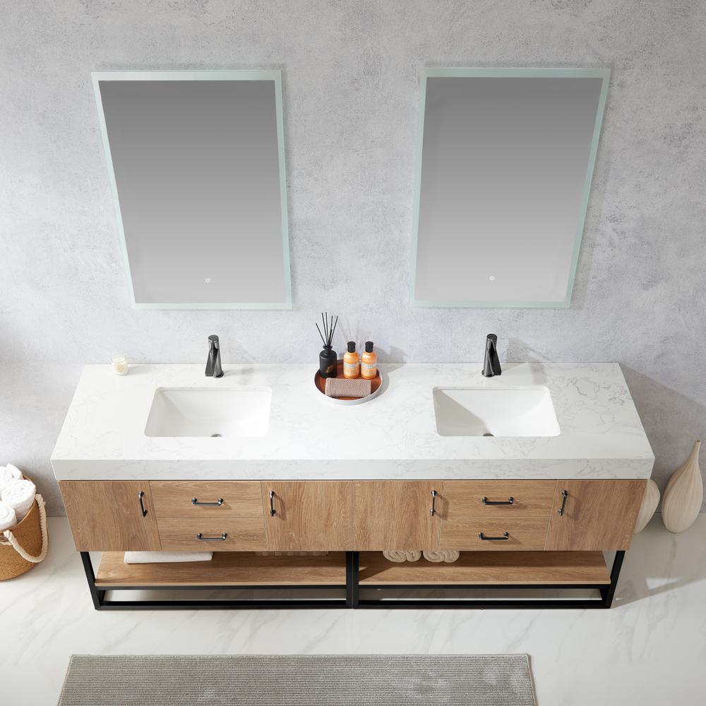 84B" Double Sink Bath Vanity with White Grain Stone Countertop and Mirror. Picture 5