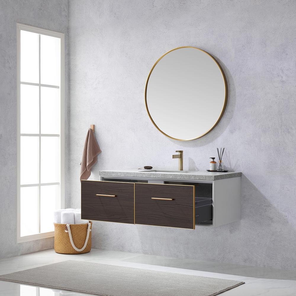 Single Sink Bath Vanity in Dark Walnut with Grey Sintered Stone Top and Mirror. Picture 6