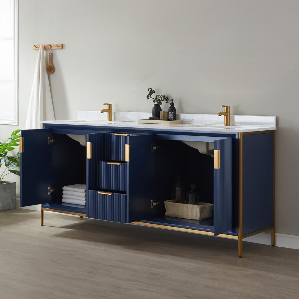 Vanity in Royal Blue with White Composite Grain Stone Countertop Without Mirror. Picture 5