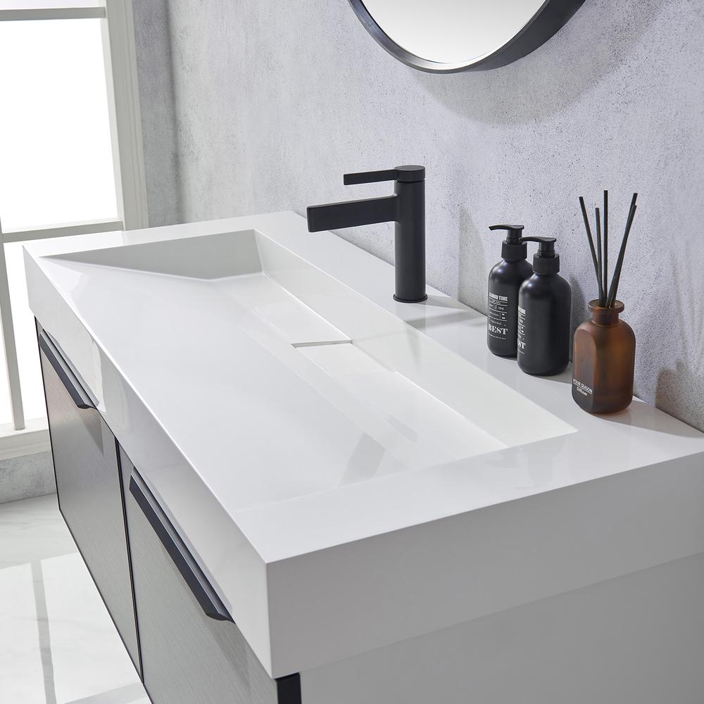 Single Sink Bath Vanity in Grey One-Piece Composite Stone Sink Top and Mirror. Picture 8