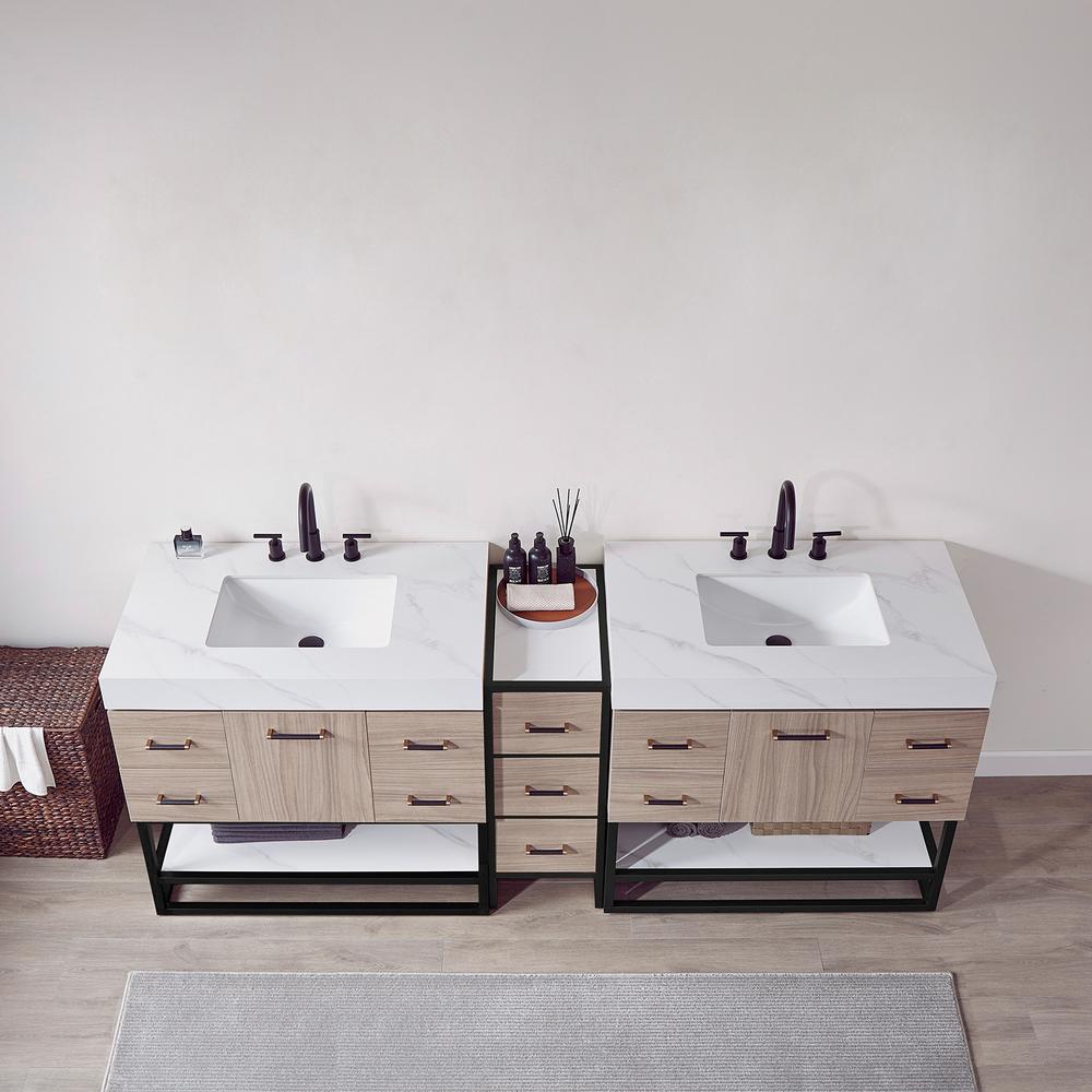 Toledo 84"Double Sink Bath Vanity in Light Walnut with White Sintered Stone Top. Picture 7