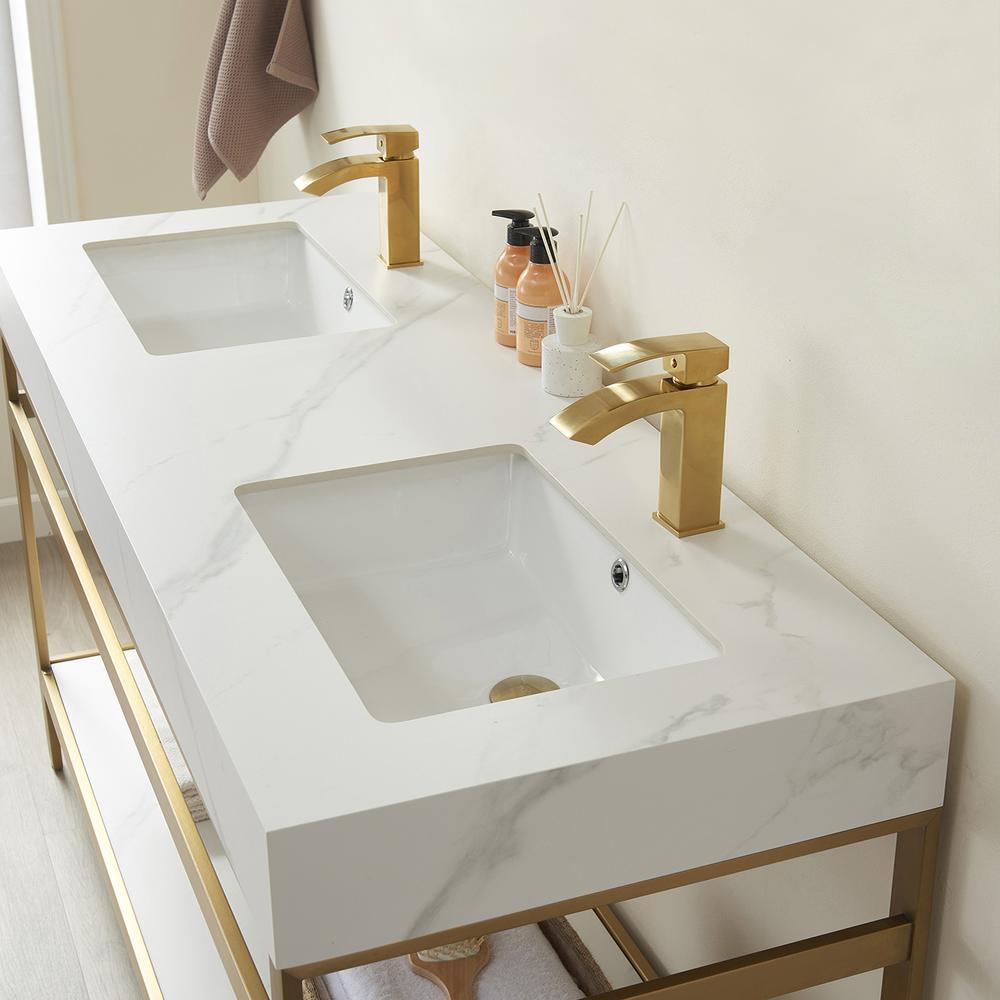 Double Sink Bath Vanity Metal Support with White Sintered Stone Top. Picture 6