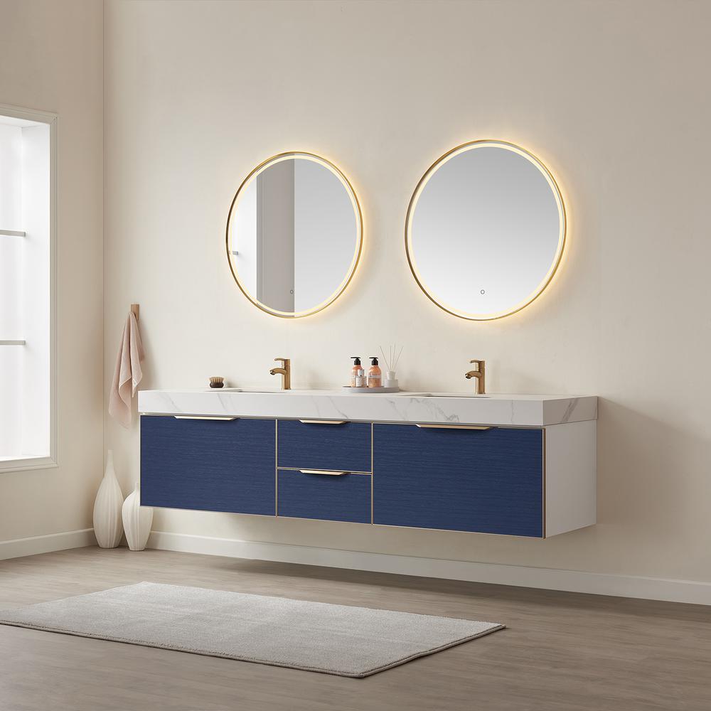 Double Sink Bath Vanity in Blue with White Sintered Stone Top and Mirror. Picture 4