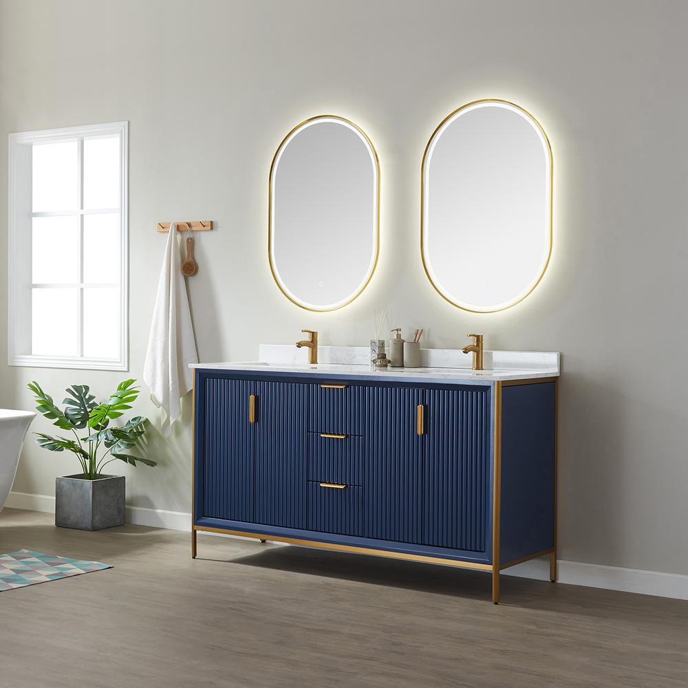 Vanity in Royal Blue with White Composite Grain Stone Countertop With Mirror. Picture 4
