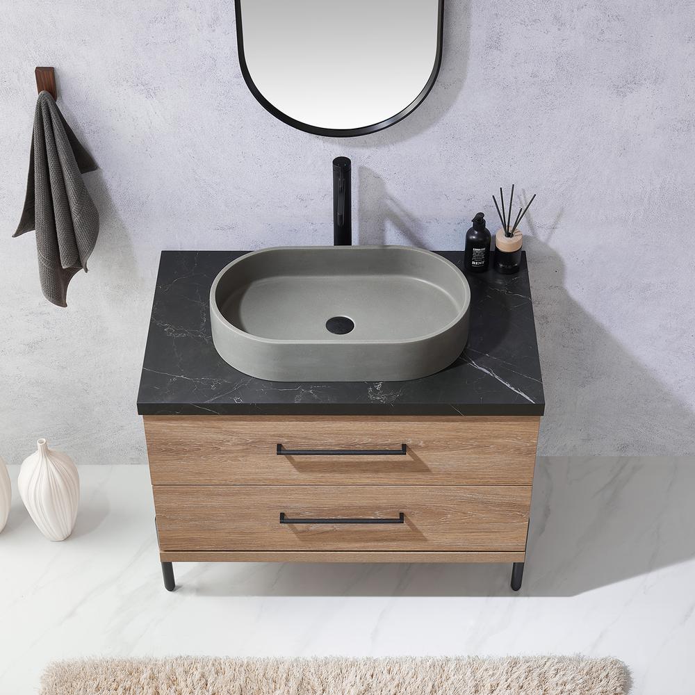 Single Sink Bath Vanity with Sintered Stone Top with Concrete Sink and Mirror. Picture 7