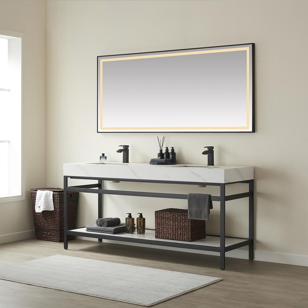 Double Sink Bath Vanity Metal Support with White Sintered Stone Top and Mirror. Picture 4