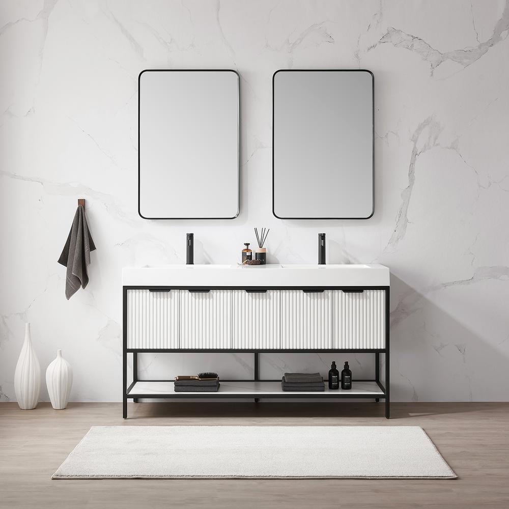 Double Sink Bath Vanity with One-Piece Composite Stone Sink Top and Mirror. Picture 4