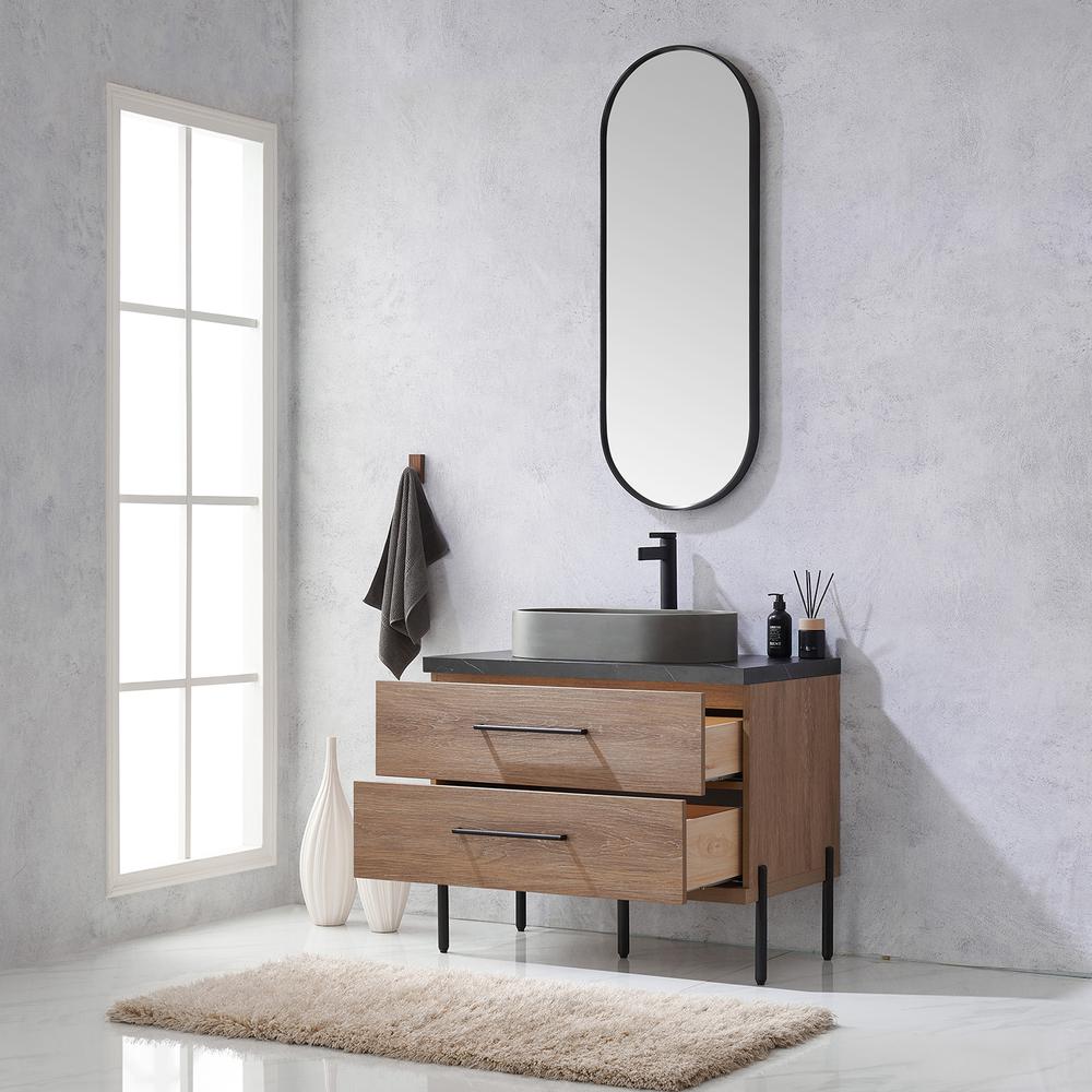 Single Sink Bath Vanity with Sintered Stone Top with Concrete Sink and Mirror. Picture 6