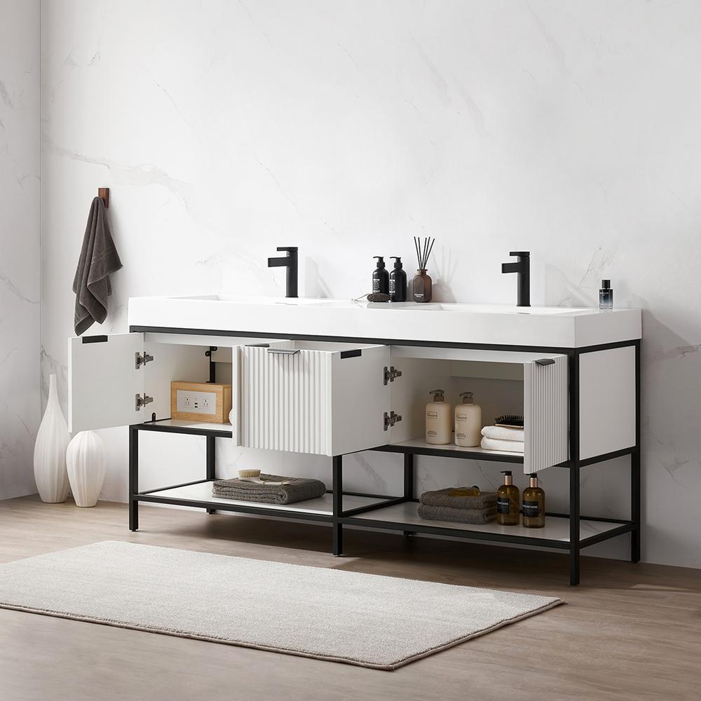 Double Sink Bath Vanity in White with One-Piece Composite Stone Sink Top. Picture 6