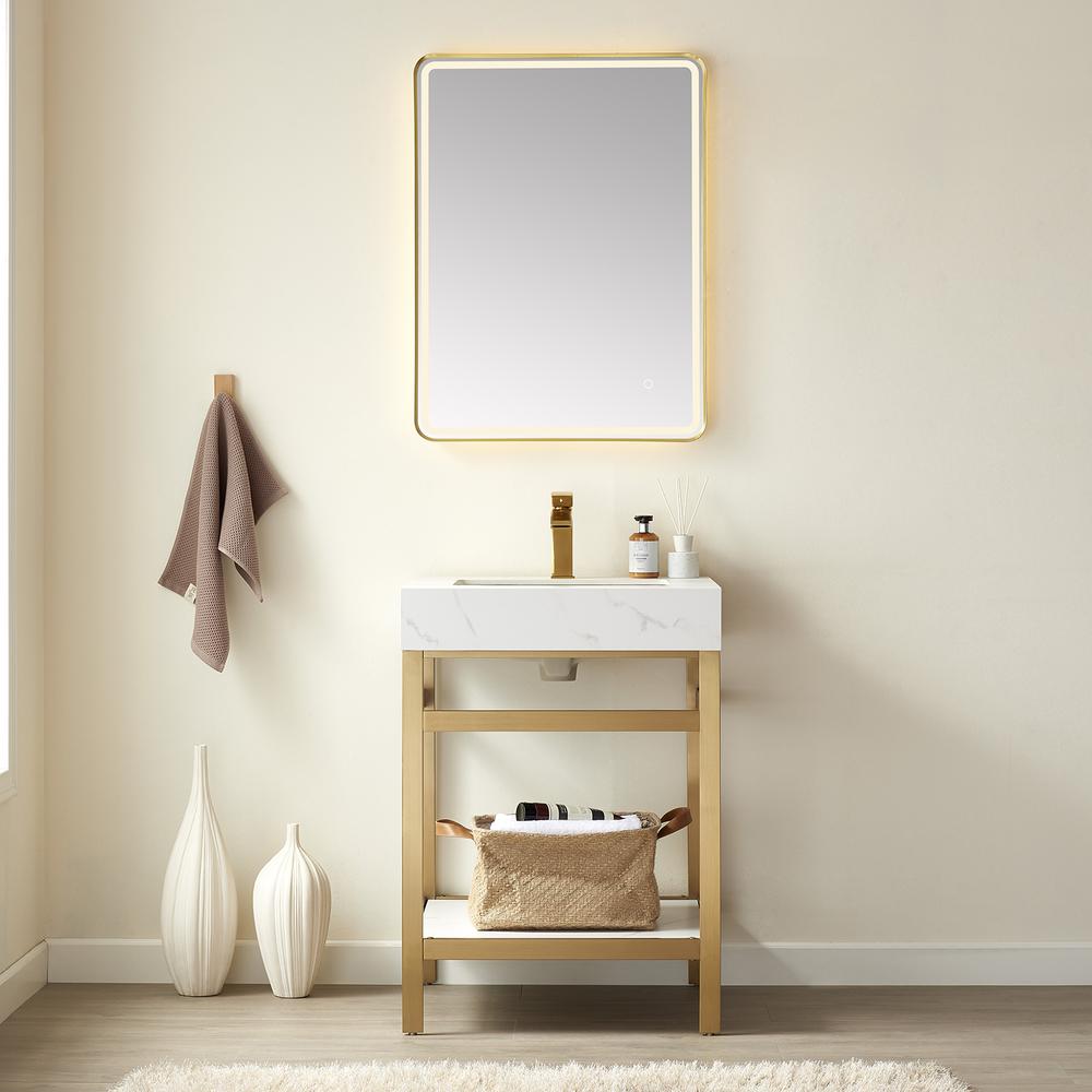 Single Sink Bath Vanity Metal Support with White Sintered Stone Top and Mirror. Picture 4