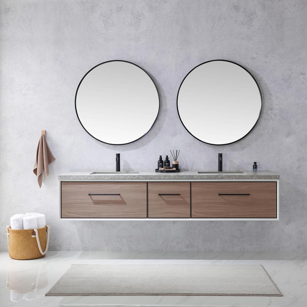 Double Sink Bath Vanity in Light Walnut with Grey Sintered Stone Top and Mirror. Picture 4