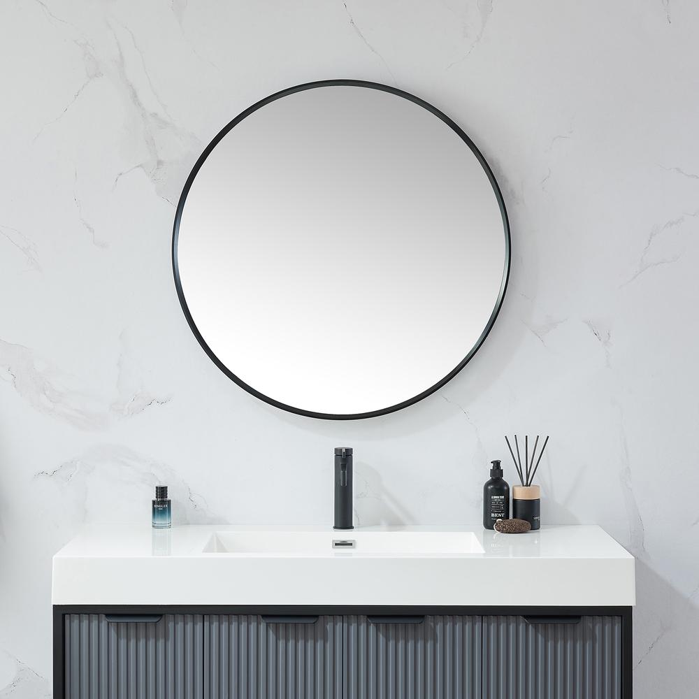 Cascante 32 in. W x 32 in. H Round Metal Wall Mirror in Brushed Black. Picture 3