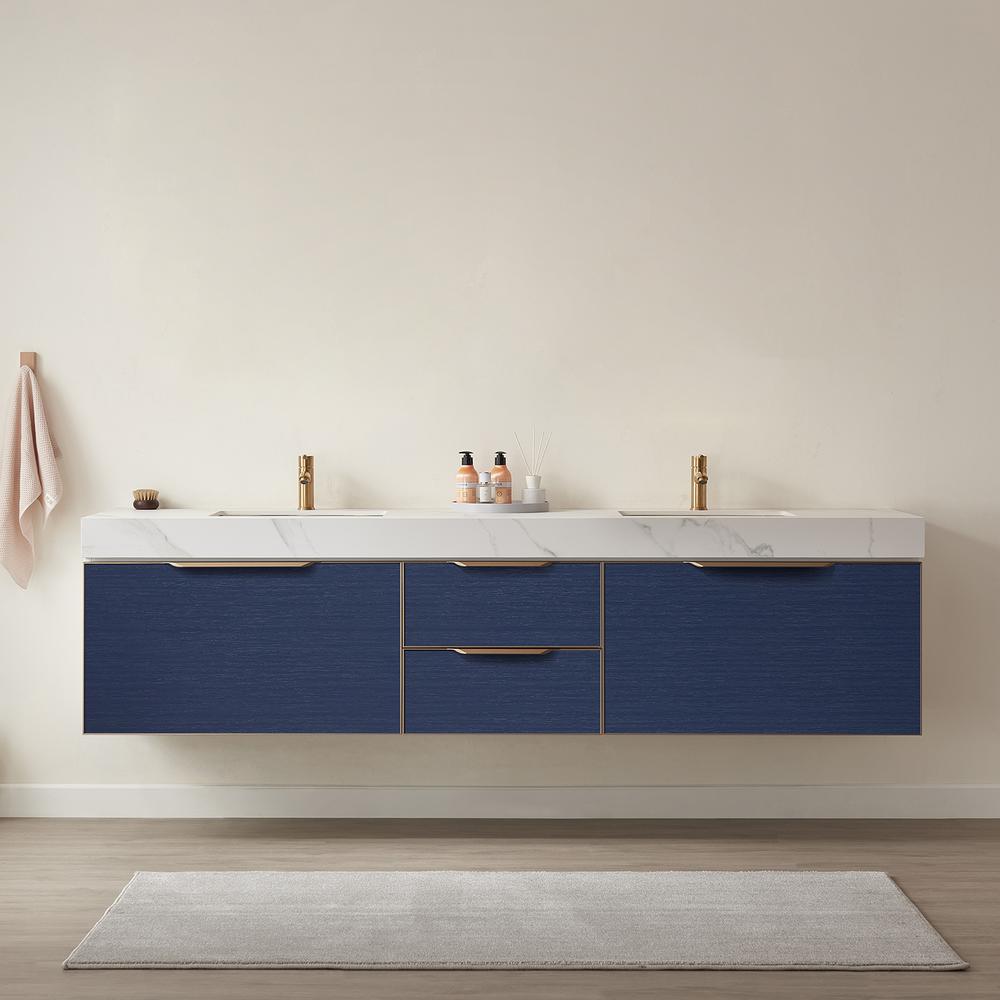 Alicante 84" Double Sink Bath Vanity in Blue with White Sintered Stone Top. Picture 4