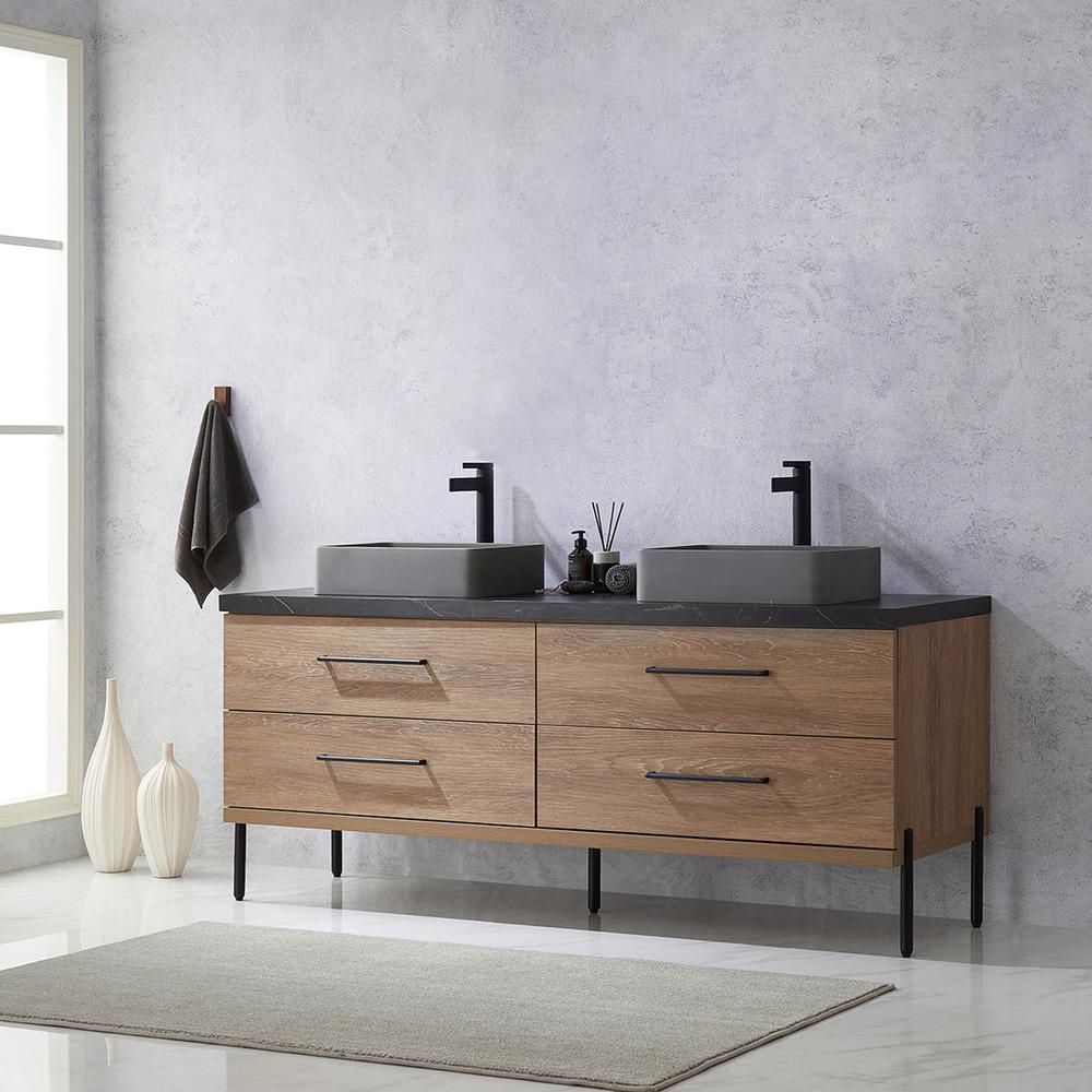 Double Sink Bath Vanity with Black Sintered Stone Top with Concrete Sink. Picture 5