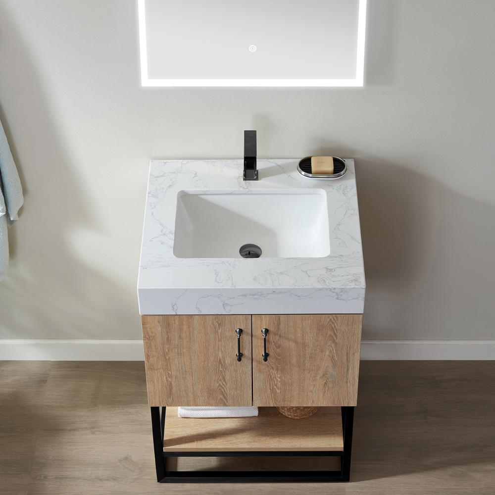 24B" Single Vanity with White Grain Stone Countertop With Mirror. Picture 4