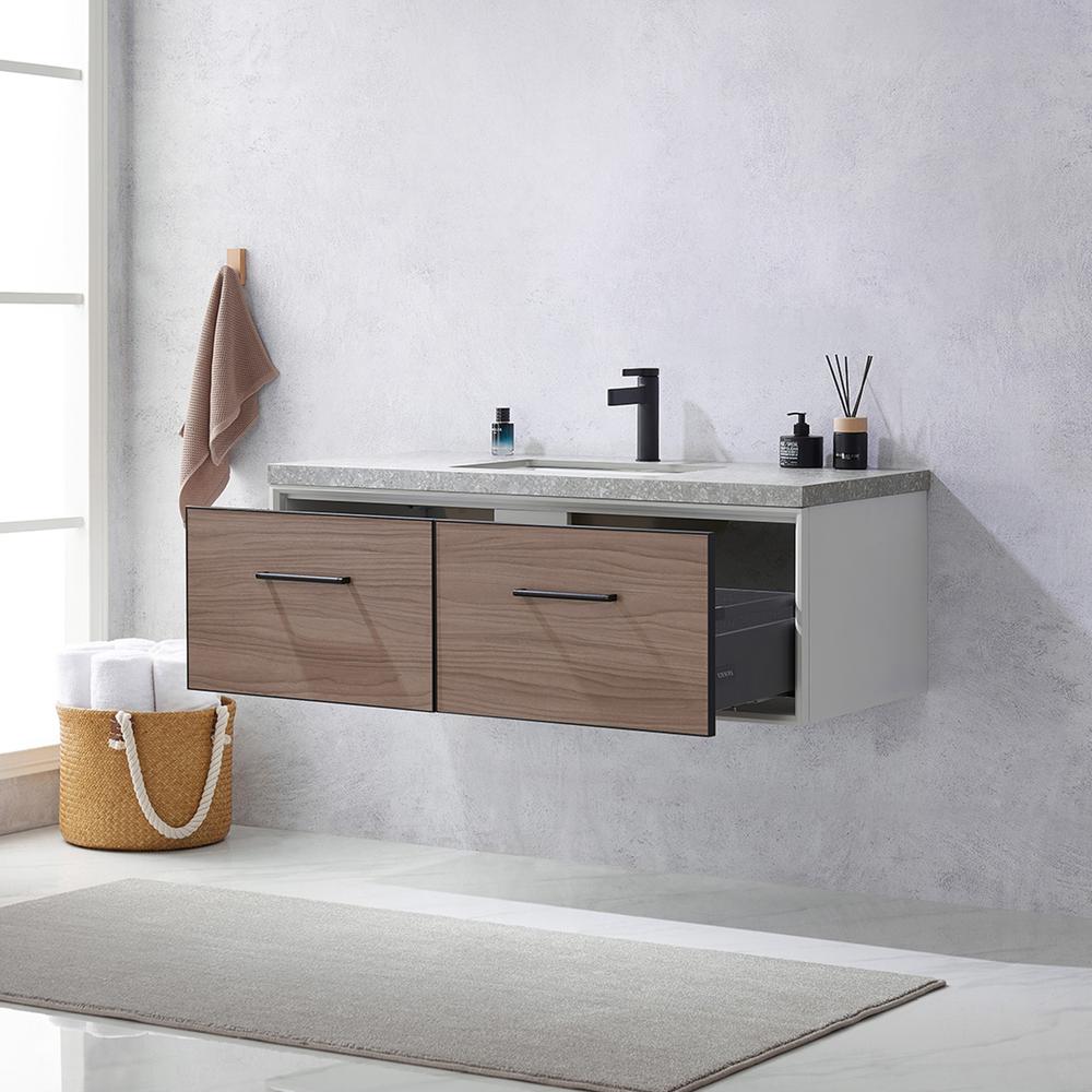 Single Sink Bath Vanity in Light Walnut with Grey Sintered Stone Top. Picture 5