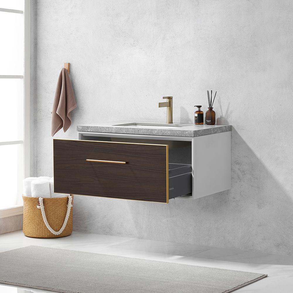 Single Sink Bath Vanity in Dark Walnut  with Grey Sintered Stone Top. Picture 6