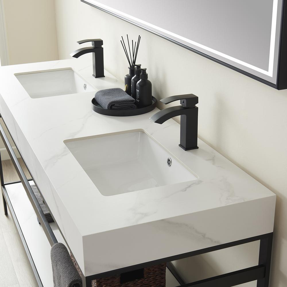 Double Sink Bath Vanity Metal Support with White Sintered Stone Top and Mirror. Picture 6