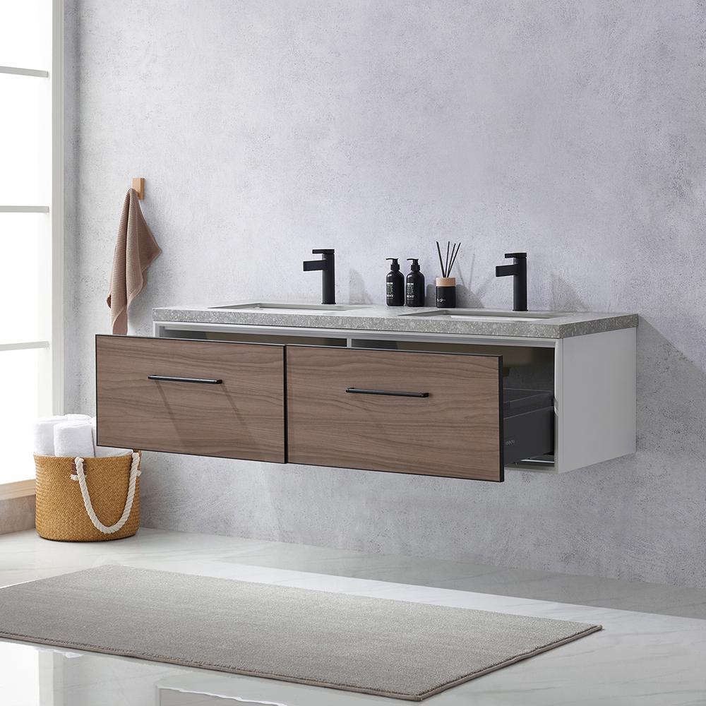 Double Sink Bath Vanity in Light Walnut with Grey Sintered Stone Top. Picture 6